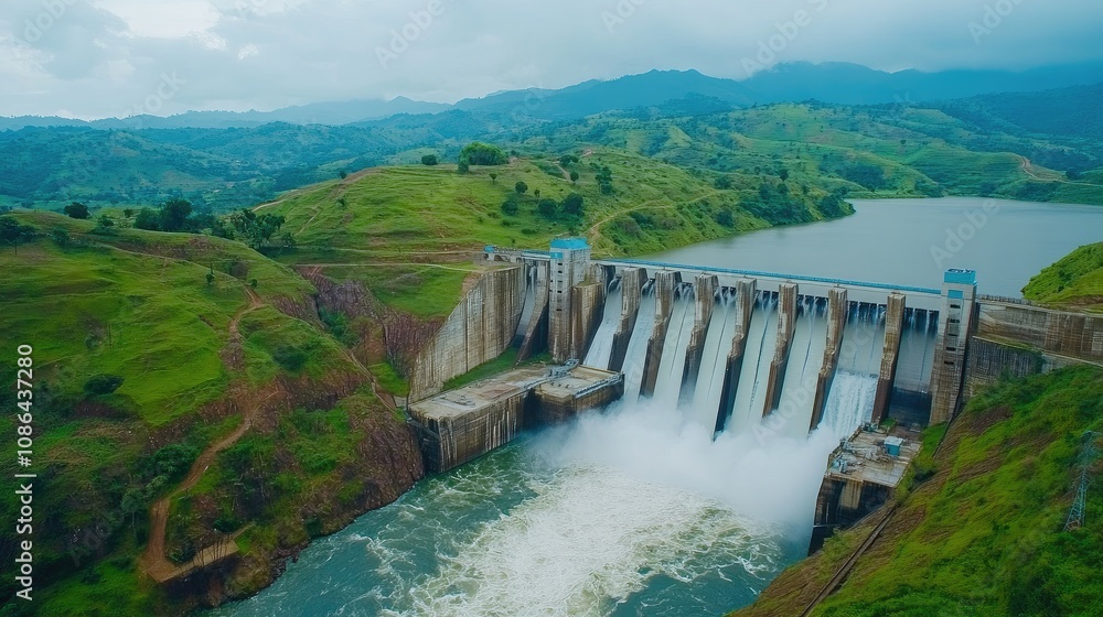 Aerial view of water turbines at a hydroelectric dam, surrounded by green hills and mountains Aerial view of water turbines at a hydroelectric dam, surrounded by green hills and mountains