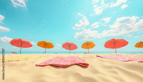 Bright beach towels and umbrellas scattered across golden sand under a perfect blue sky ,