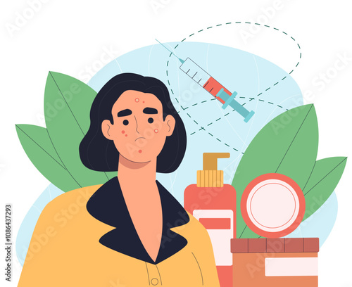Woman with problem skin. Young girl with pimples on her face gets injection of hyaluronic acid. Beauty procedures. Aesthetics and elegance. Dermatology and cosmetology. Flat vector illustration