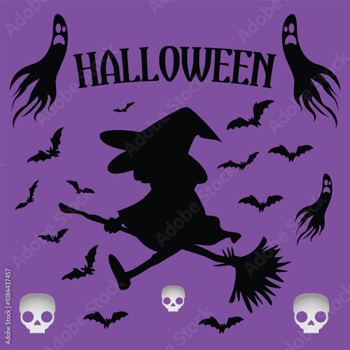 Happy halloween celebration card with witch flying in broom and moon vector illustration photo