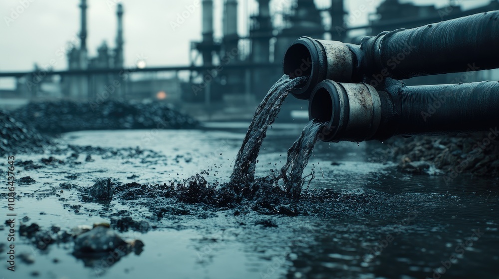 Close-up of pipes with dark liquid waste spilling into water, with industrial plant behind Close-up of pipes with dark liquid waste spilling into water, with industrial plant behind