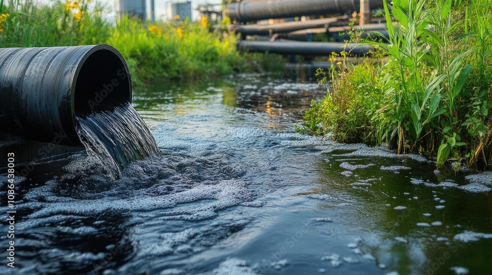 Dark liquid flowing from industrial pipes into a stream, with an industrial facility nearby Dark liquid flowing from industrial pipes into a stream, with an industrial facility nearby