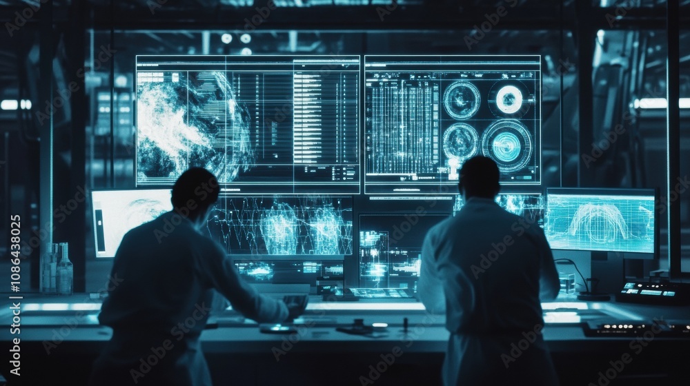 futuristic space station laboratory, with scientists analyzing holographic displays of distant planets and galaxies. The room is illuminated by soft, high-tech lighting. futuristic space station laboratory, with scientists analyzing holographic displays of distant planets and galaxies. The room is illuminated by soft, high-tech lighting.