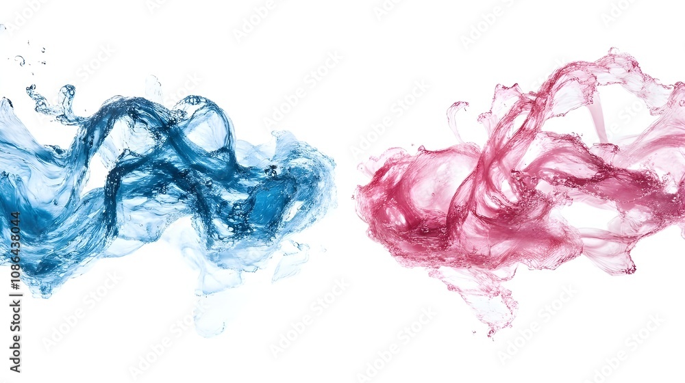 Fototapeta premium Abstract pink and blue paint swirls on clear background.