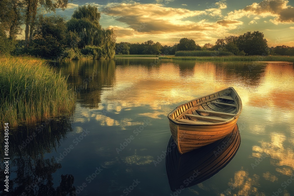 Fototapeta premium A Wooden Rowboat Resting on Calm Water at Sunset