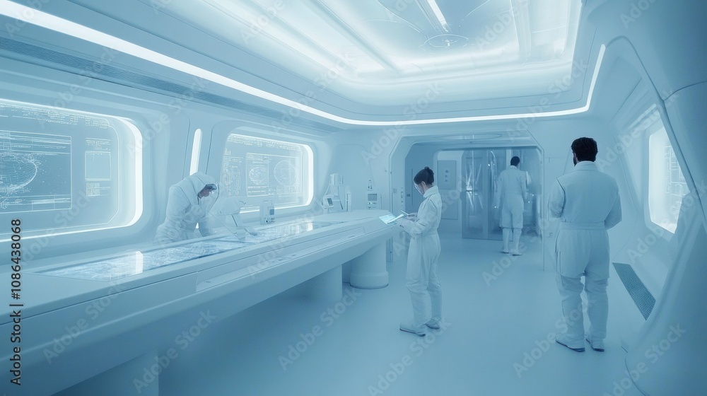 Obraz premium futuristic space station laboratory, with scientists analyzing holographic displays of distant planets and galaxies. The room is illuminated by soft, high-tech lighting.