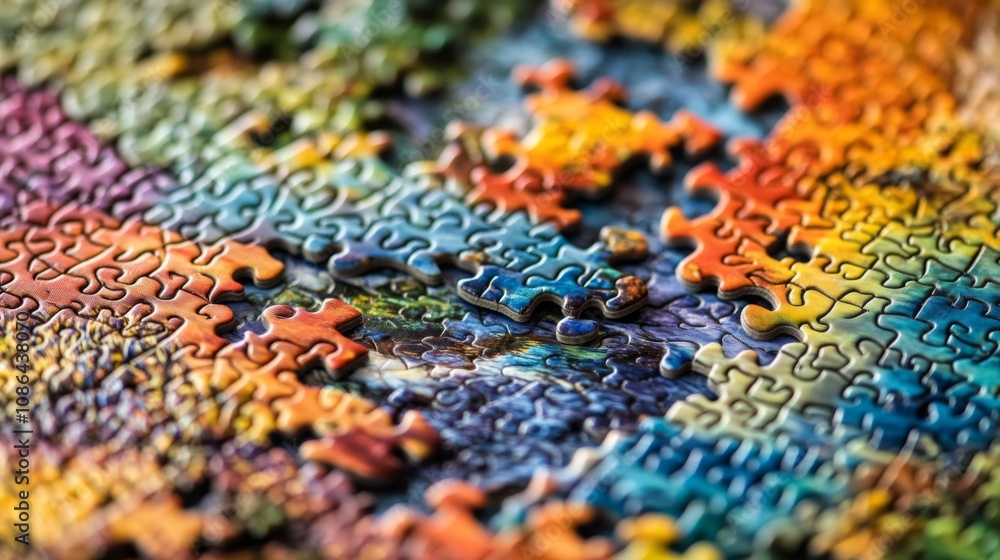 Close-Up View of Colorful Puzzle Pieces on a Wooden Table, Showcasing Intricate Designs, Bright Colors, and the Joy of Completing a Challenging Puzzle Activity Close-Up View of Colorful Puzzle Pieces on a Wooden Table, Showcasing Intricate Designs, Bright Colors, and the Joy of Completing a Challenging Puzzle Activity