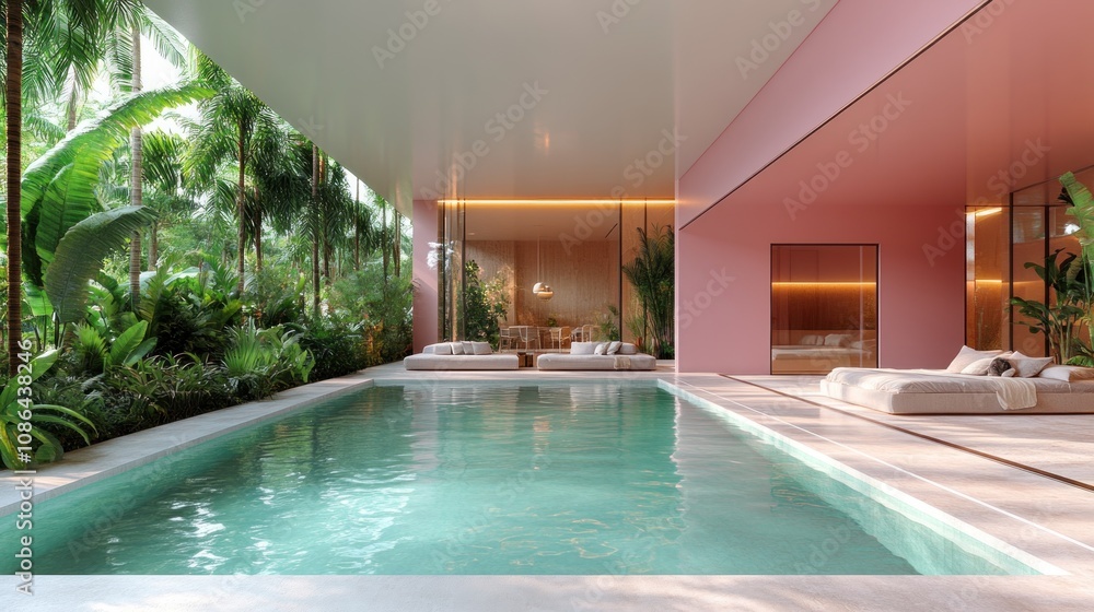 Fototapeta premium Modern indoor pool surrounded by lush greenery and relaxation spaces.