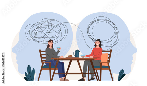 Woman with psychological support. Young girl communicates with psychologist. Caring for psychology and mental health. Psychiatrist with patient. Flat vector illustration isolated on white background