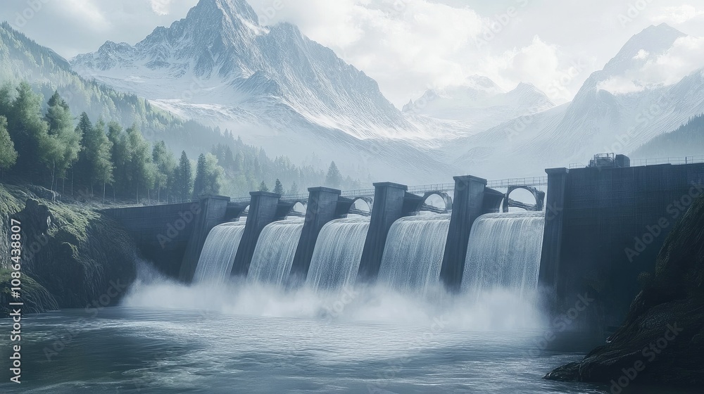 Fototapeta premium Hydroelectric dam with water flow through turbines, surrounded by beautiful mountain landscapes