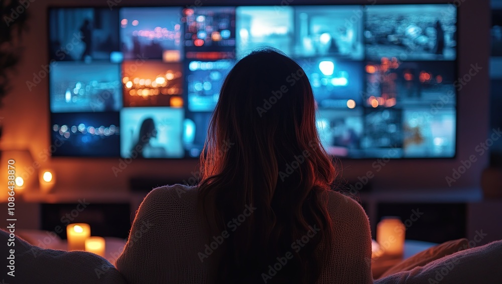 Woman Watching a Multi-Screen Display of Vivid Night Scenes Woman Watching a Multi-Screen Display of Vivid Night Scenes