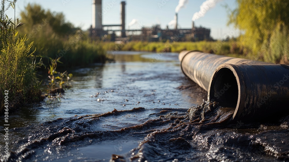 Large pipes with dark sludge flowing into a river, with an industrial plant looming nearby Large pipes with dark sludge flowing into a river, with an industrial plant looming nearby