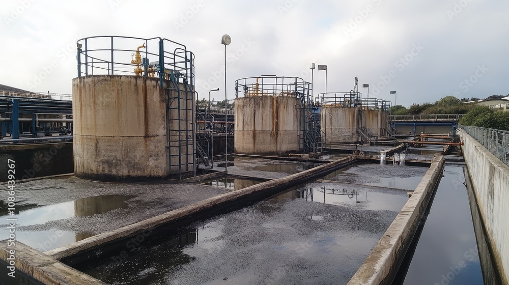 Obraz premium Open-air filtration tanks in a wastewater treatment plant, showing eco-conscious waste handling