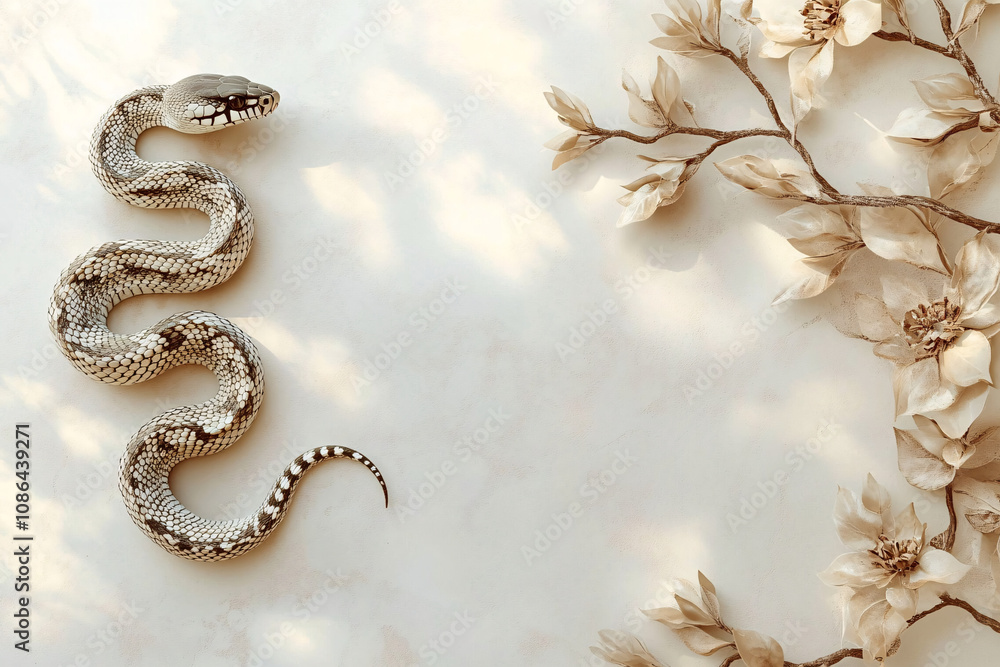 A serene image of a snake on branches, perfect for a calming greeting card or design focused on New Year celebrations, evoking tranquility and nature. A serene image of a snake on branches, perfect for a calming greeting card or design focused on New Year celebrations, evoking tranquility and nature.