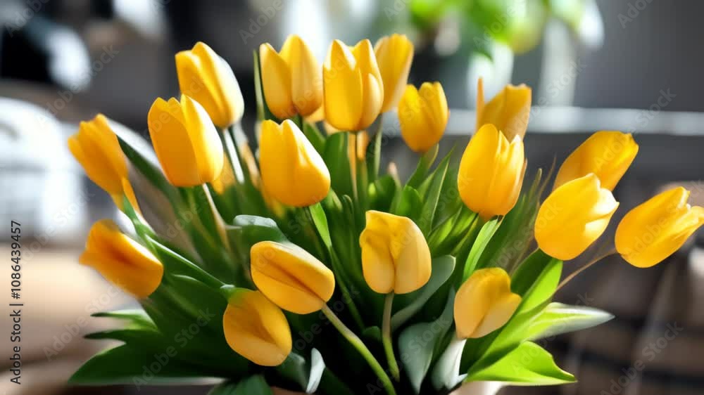 Bright yellow tulips arranged in a cozy living room filled with natural light