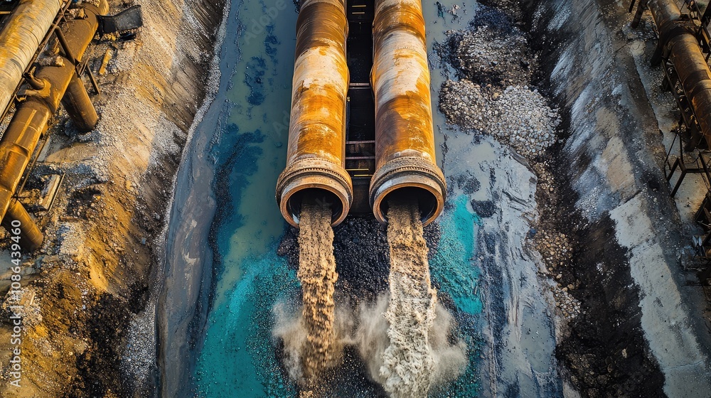 Overhead view of industrial pipes releasing contaminants into the ground, symbolizing pollution Overhead view of industrial pipes releasing contaminants into the ground, symbolizing pollution
