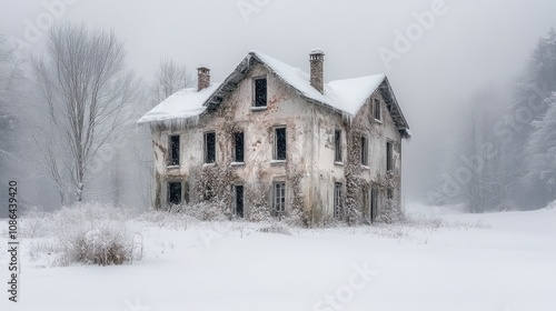 Abandoned farmhouse covered in snow, surrounded by leafless trees and untouched winter fields