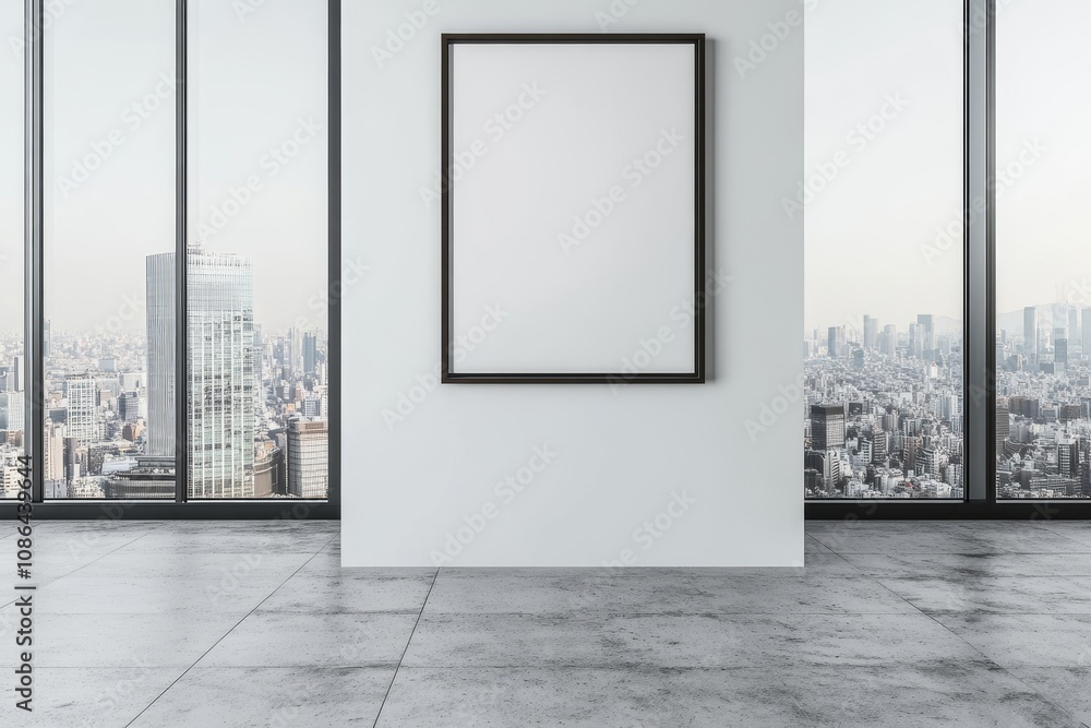 A large, blank picture frame hangs on a white wall in an office space. The room is sleek and modern, with large windows that offer a stunning view of a city skyline. A large, blank picture frame hangs on a white wall in an office space. The room is sleek and modern, with large windows that offer a stunning view of a city skyline.