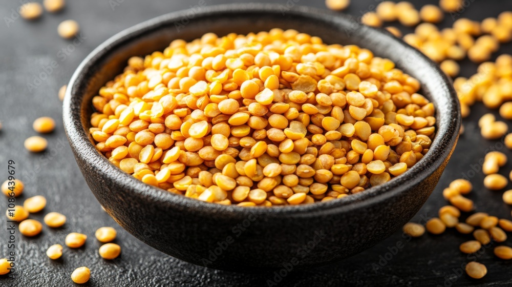 A Close-Up View of Vibrant Yellow Split Peas Piled High in a Black Bowl on a Dark Surface, Perfect for Food Photography and Culinary Inspiration A Close-Up View of Vibrant Yellow Split Peas Piled High in a Black Bowl on a Dark Surface, Perfect for Food Photography and Culinary Inspiration