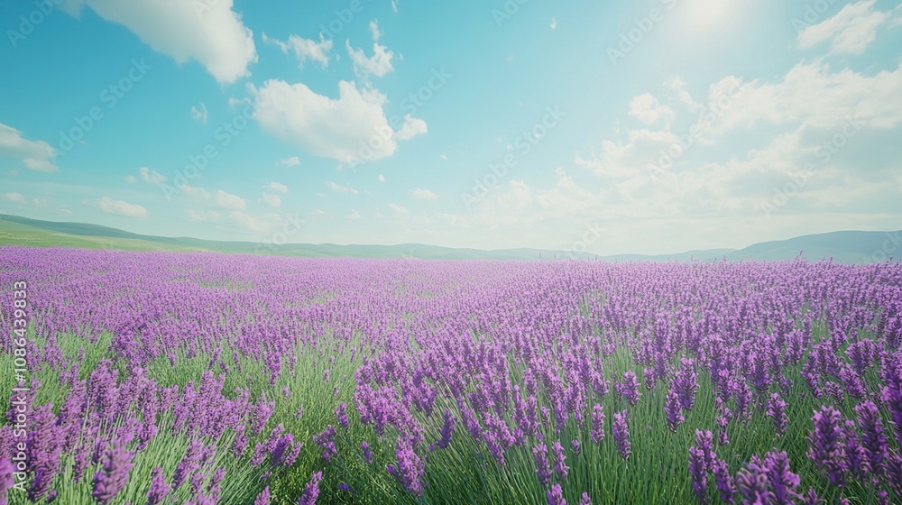 Naklejka premium A serene lavender field under a bright blue sky with fluffy clouds.