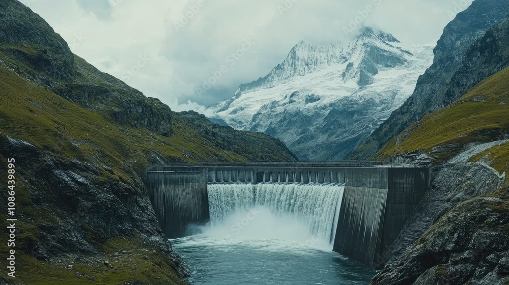 Powerful water flow through dam turbines in a mountain valley, promoting eco-friendly energy generation Powerful water flow through dam turbines in a mountain valley, promoting eco-friendly energy generation