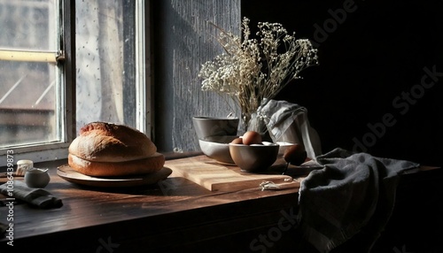 Breads and pastries, eggs, flour, and other baking ingredients in bowls, cutting board and dishtowels, on kitchen countertop in front of a window with golden sunlight streaming in. Flowers. Cluttered,