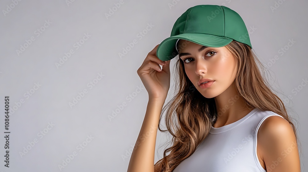 Young Woman in Green Cap Posing Against a White Background Young Woman in Green Cap Posing Against a White Background