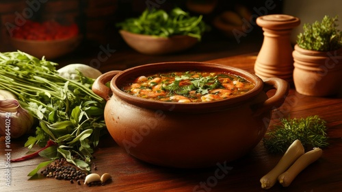 Freshly Made Vegetarian Curry in a Traditional Clay Pot Surrounded by Organic Ingredients on a Rustic Wooden Table