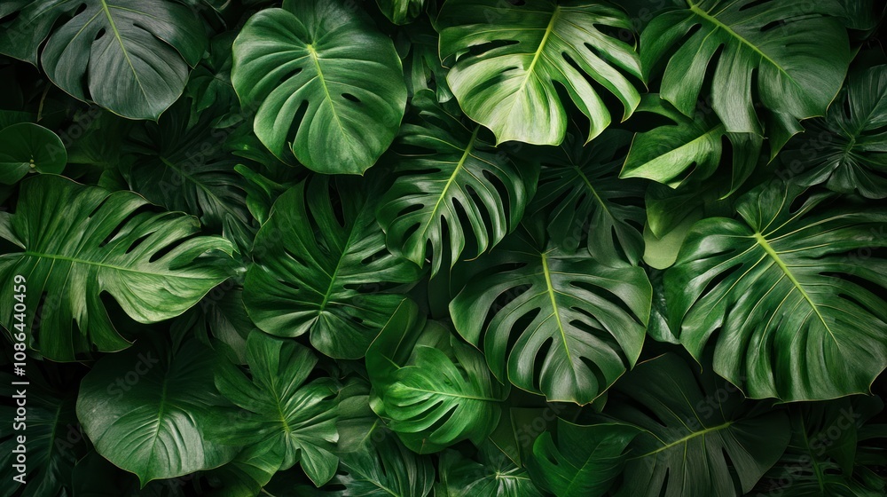 A lush green background of tropical monstera leaves. A lush green background of tropical monstera leaves.