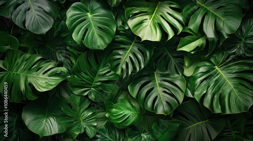 A lush green background of tropical monstera leaves.