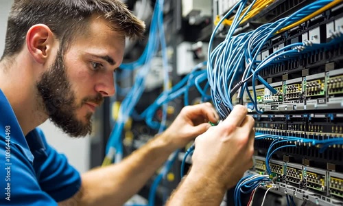 Young technician working on a server rack, managing network cables and connections, focused on optimizing technology for seamless data transfer in a modern office environment