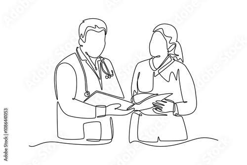 Doctor and patient. Single line draw design vector graphic illustration.