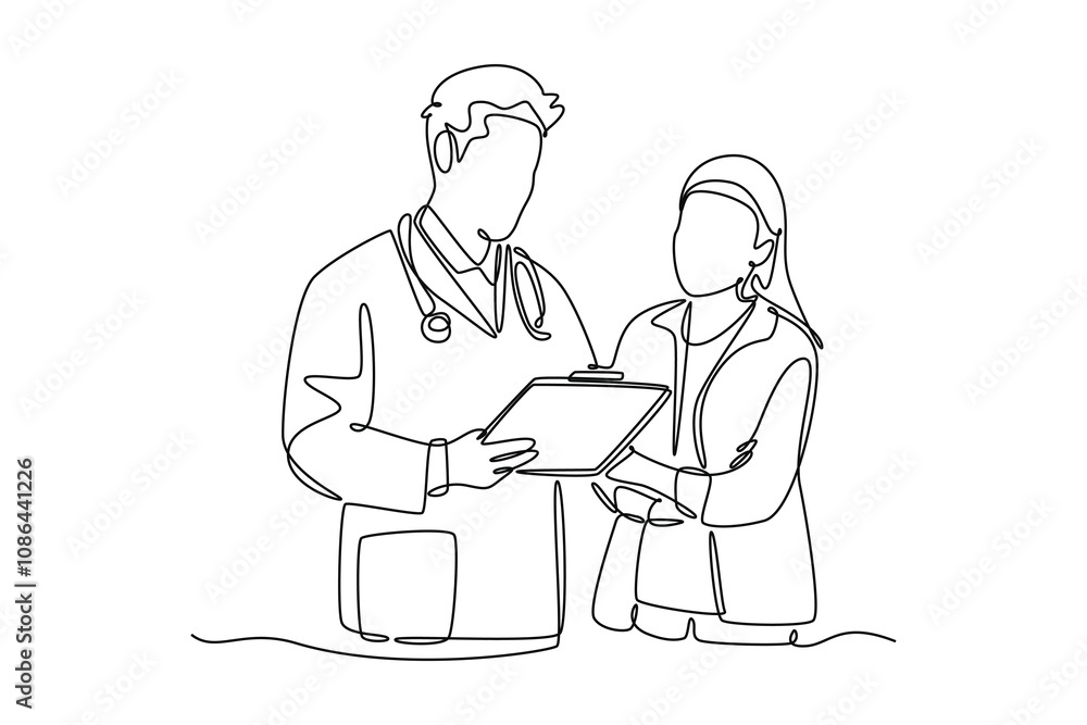 Doctor and patient. Single line draw design vector graphic illustration. Doctor and patient. Single line draw design vector graphic illustration.