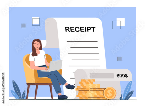 Woman with receipt. Young girl near huge check and stack of gold coins. Expenses management. Budgeting and accounting, financial literacy. Flat vector illustration isolated on white background