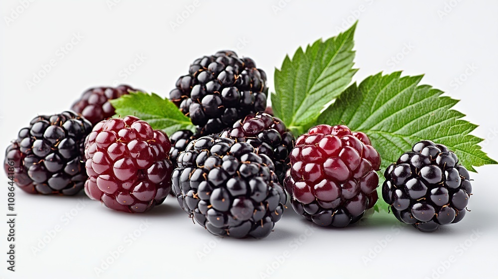 Blackberries with leaves isolated on a white background, a photorealistic image with high resolution Blackberries with leaves isolated on a white background, a photorealistic image with high resolution