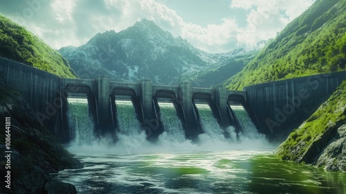 Water rushing through dam turbines with green mountains behind, illustrating sustainable power generation photo