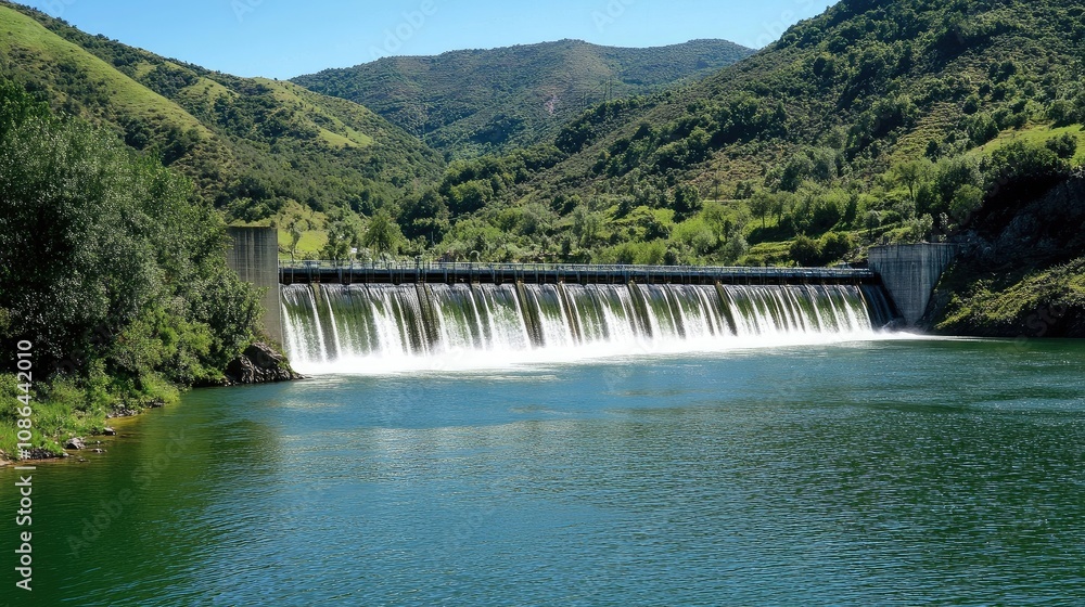 Water streaming from a dam turbines in a scenic mountain area, illustrating renewable power Water streaming from a dam turbines in a scenic mountain area, illustrating renewable power