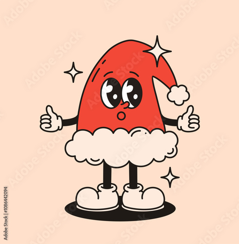 Groovy retro character Christmas hat. Flat vector illustration.