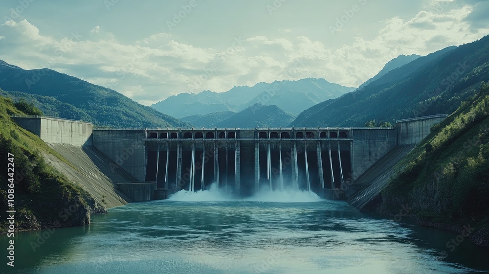 Wide view of hydroelectric dam with water flowing through turbines, framed by scenic mountains Wide view of hydroelectric dam with water flowing through turbines, framed by scenic mountains