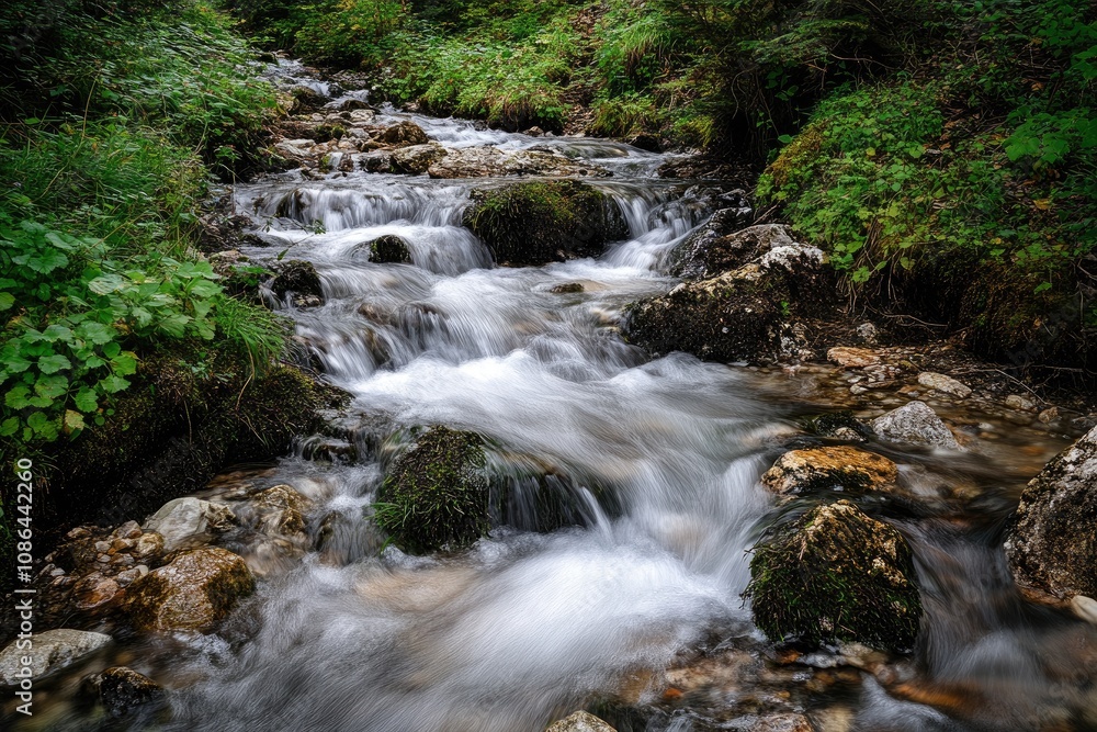 Tranquil Creek Flowing Over Rocks in a Lush Forest Tranquil Creek Flowing Over Rocks in a Lush Forest