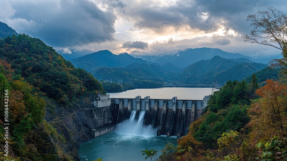 Wide view of hydroelectric dam with water flowing through turbines, framed by scenic mountains Wide view of hydroelectric dam with water flowing through turbines, framed by scenic mountains