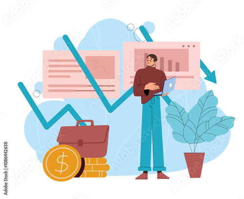 Regression in business. Man stands near falling graph. Bankruptcy of company and organization. Economic crisis and recession, inflation. Flat vector illustration isolated on white background