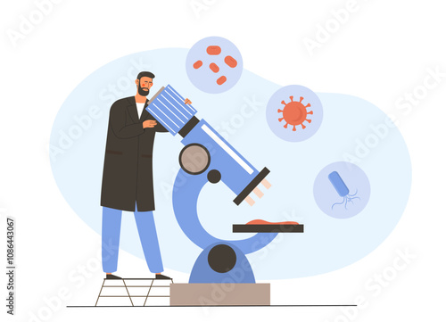 Research with microscope. Man with huge microscope examines bacteria and molecules. Science and medicine. Chemical experiment and innovation. Flat vector illustration isolated on white background