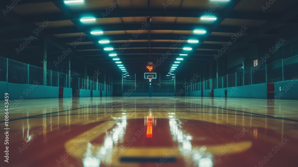 Indoor Basketball Court with Gleaming Floor and Dramatic Lighting, Empty Space Ready for Action and Competitive Play, Ideal for Sport and Fitness Themes