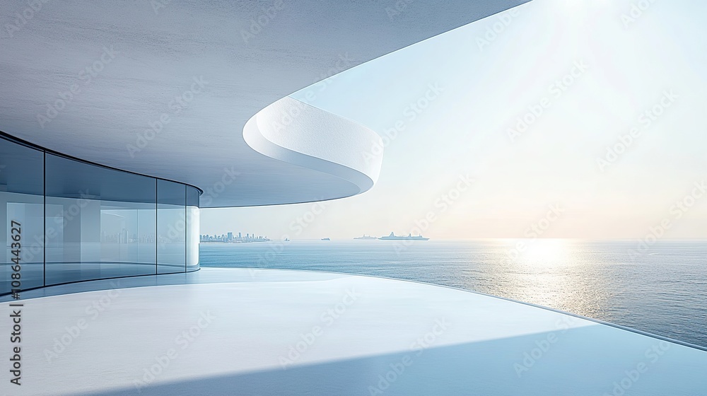 A white concrete floor with an oval window overlooking the sea, the city skyline in the distance, a light blue sky, a minimalist style, a futuristic feeling, bright ligh A white concrete floor with an oval window overlooking the sea, the city skyline in the distance, a light blue sky, a minimalist style, a futuristic feeling, bright ligh