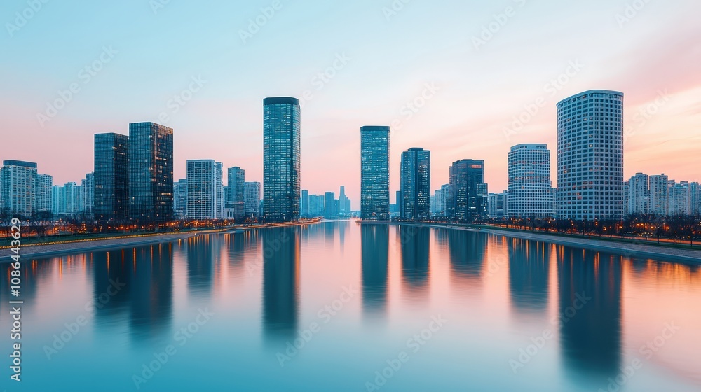 Naklejka premium Stunning Modern Cityscape Reflection at Dusk Urban Skyline Panorama