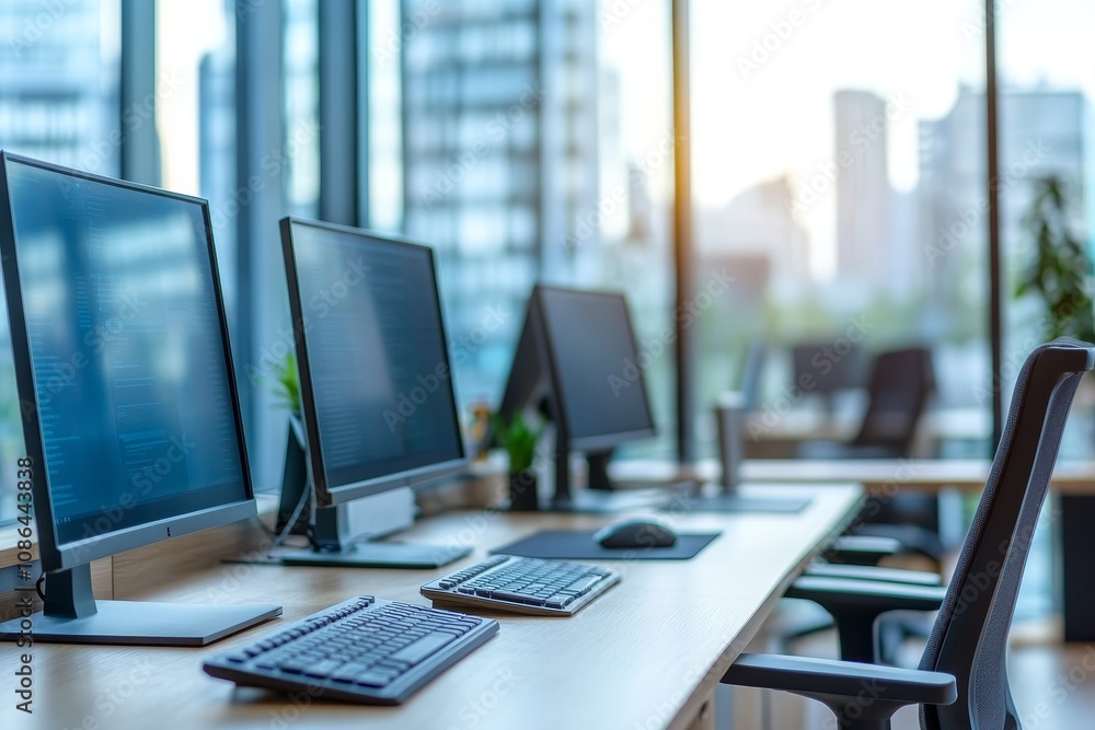 Modern office workspace with three computers and a keyboard on a desk. Modern office workspace with three computers and a keyboard on a desk.