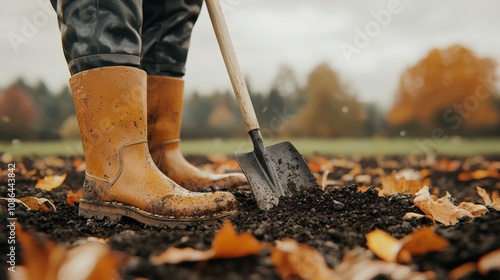 Autumn Gardening Farmer s Boots Shovel Soil Fall Leaves photo