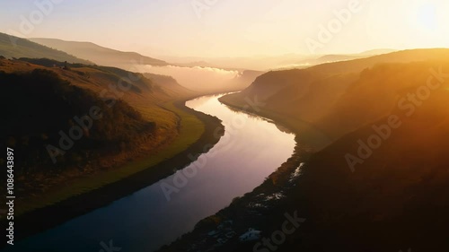 Sunset with thin clouds, misty valley with a winding river reflecting golden hour light, zoom camera movement photo