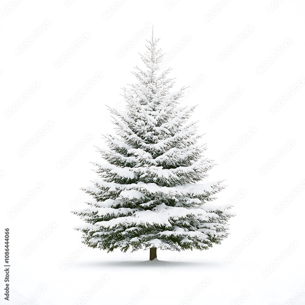A minimalist depiction of a single, majestic snow-covered fir tree, isolated perfectly against a bright white canvas. The focus on the trees texture and the shimmering snow creates an elegant yet A minimalist depiction of a single, majestic snow-covered fir tree, isolated perfectly against a bright white canvas. The focus on the trees texture and the shimmering snow creates an elegant yet